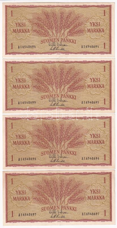 Finnország 1963. 1M (4x) sorszámkövetők T:II-,III szép papír Finland 1963. 1 Markka (4x) consecutive serials C:VF,F nice paper Krause P#98.a