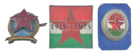 ~1950. 'Rendőrség' részben zománcozott fém sapkajelvény (zománchiba) + Vörös csillagos festett fém sapkajelvény + 1975. '1919-1975' műanyag kitűző T:1-2