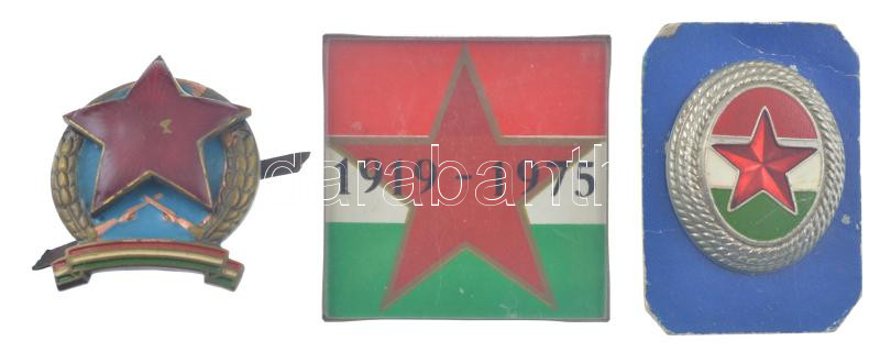 ~1950. 'Rendőrség' részben zománcozott fém sapkajelvény (zománchiba) + Vörös csillagos festett fém sapkajelvény + 1975. '1919-1975' műanyag kitűző T:1-2