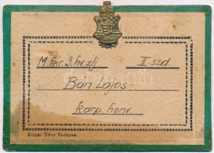 ~1940. Bronz propagandajelvény díszlapon 'Bán Lajos karp. honv. M. kir. 3. hv. zlj.' részére (24x15mm) T:1- patina