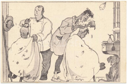 Készülődés a táborozásra. Cserkészek a borbélynál. R.M. Cserkészcsapatai I. / Hungarian scout art postcard, barber shop s: Márton L.