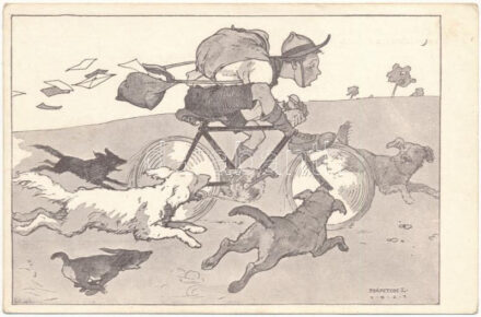 Veszedelemben a posta. Cserkész kerékpáron. R.M. Cserkészcsapatai 5. / Hungarian scout art postcard, bicycle s: Márton L. (EK)