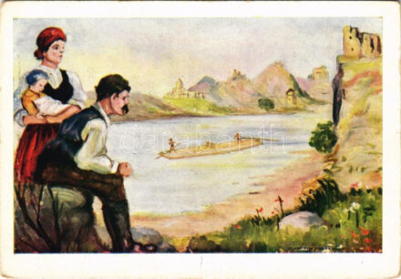 A Vág völgye, vize fája, magyar vágya. Kiadja a Magyar Nemzeti Szövetség, Don Bosco Ny. / Hungarian irredenta art postcard, rafting in Povazie s: Márton L., Nógrády M.