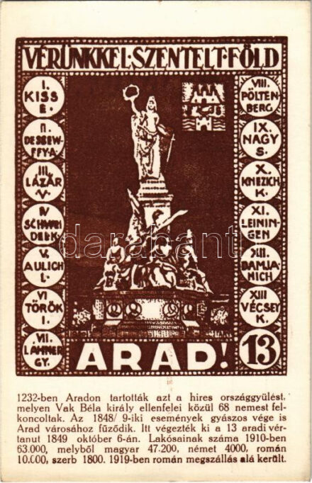 Arad, Vérünkkel szentelt föld - Irredenta képeslap a Vértanú szoborral. Közművelődési rt. kiadása / Hungarian irredenta propaganda, martyrs statue s: Tary