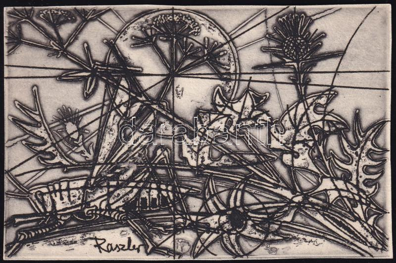 Raszler Károly (1925-2005): Virágok. Rézkarc, papír, jelzett a karcon. 9,5x14,5 cm.