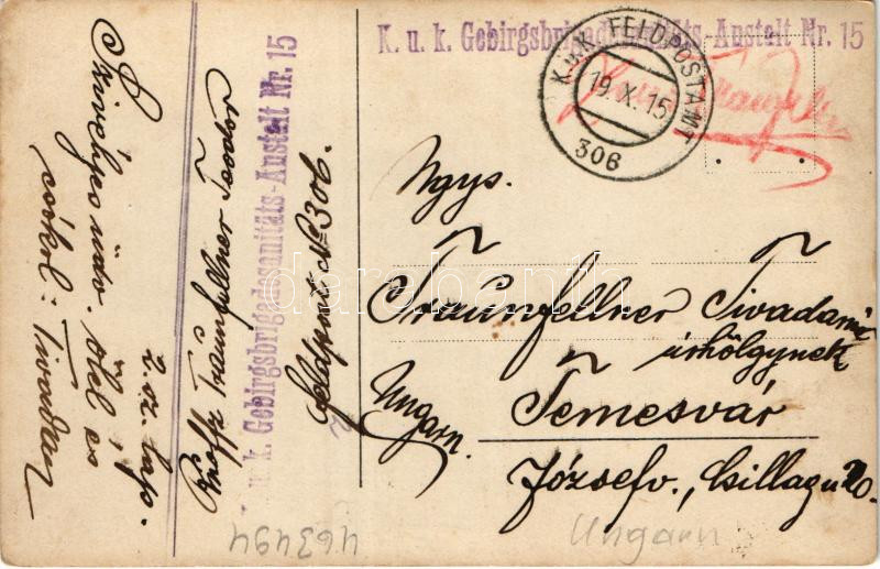 1915 Osztrák-magyar katonai fotó Erdélyből (?) / WWI Austro-Hungarian K.u.K. military photo from Transylvania. photo + 'K.u.K. Gebirgsbrigadesanitäts-Anstalt Nr. 15.' 'K.U.K. FELDPOSTAMT 306' (EK) - Image 2