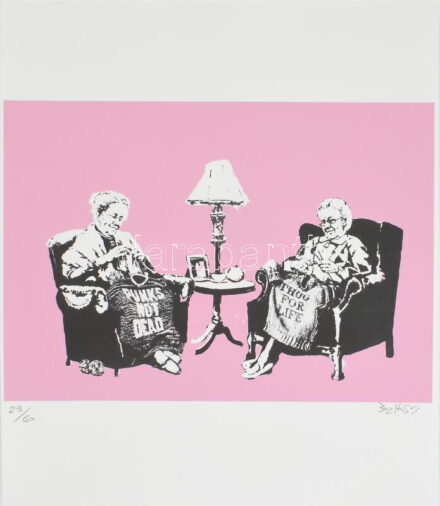 Banksy: Cím nélkül. Ofszet litográfia, papír, jelzett a nyomaton, szárazpecséttel Számozott: 29/60. 24x34 cm.