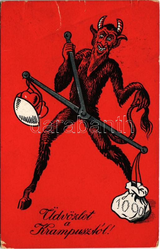 1931 Üdvözlet a Krampusztól! / Krampus with scale (gyűrődések / creases)