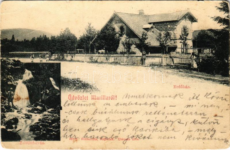 1903 Marilla, Marillavölgy, Marila; Zsittin-forrás és vízesés, Erdőház. Hollschütz kiadása / spa, spring source, waterfall, forestry (szakadások / tears)