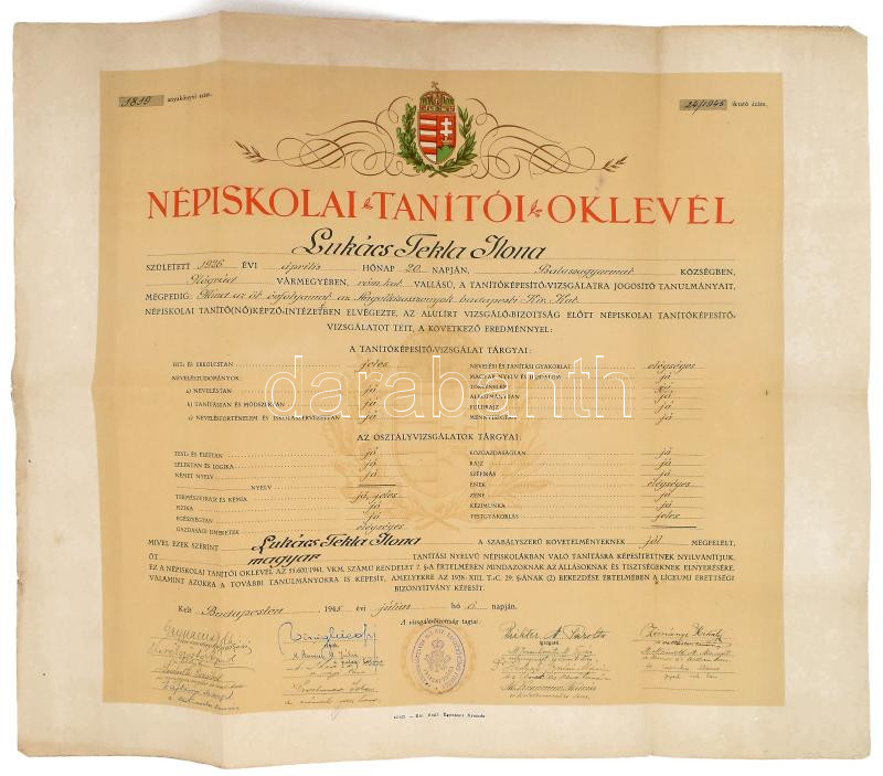 1945 Néptanítói oklevél hajtva 40x60 cm