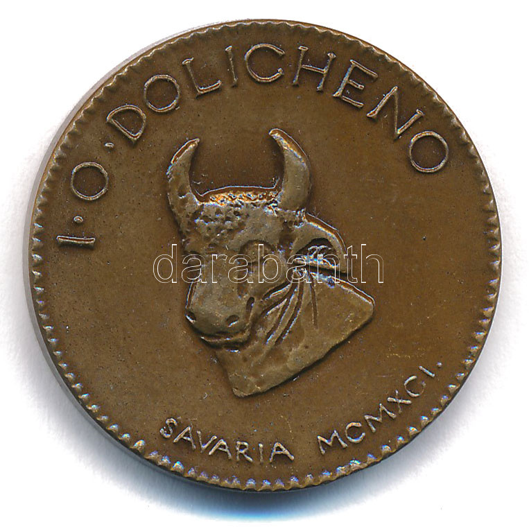 Lesenyei Márta (1930-) 1991. 'L. SEPT. SEV. ET M. AVR. ANT. CCII / I. O. DOLICHENO - SAVARIA MCMXCI' kétoldalas bronz MÉE emlékérem (29mm) T:1- Adamo SH11 - Image 2