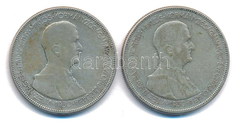 1930. 5P Ag 'Horthy jobbra' (2x) T:3 patina Adamo P8