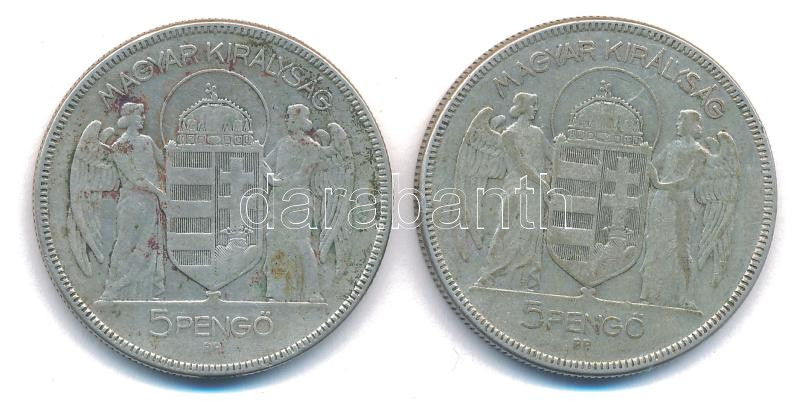 1930. 5P Ag 'Horthy jobbra' (2x) T:3 patina Adamo P8 - Image 2