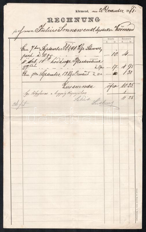 1881 Körmend, Sonnewend Gyula gyógyszerész, patikus részére kiállított számla építőanyagokról, német nyelven, utolsó sor magyar nyelven, hajtásnyomokkal, apró foltokkal és lapszéli sérüléssel