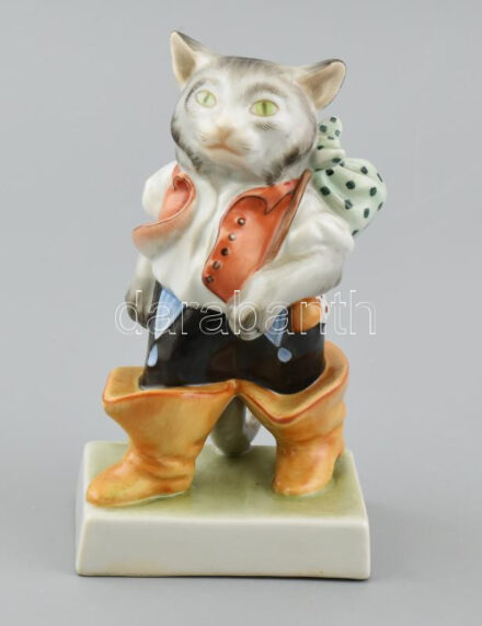 Herendi porcelán csizmás kandúr, kézzel festett, jelzett, hibátlan, m: 16 cm