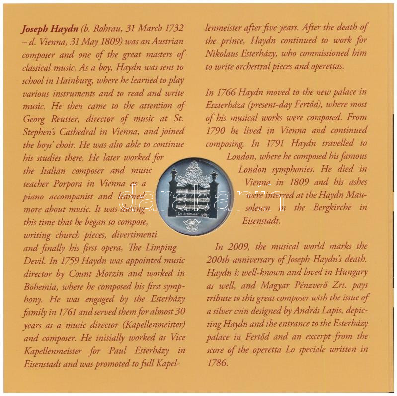 2009. 5Ft-200Ft 'Haydn' (6xklf) forgalmi sor + 'Joseph Haydn' Ag emlékérem (12g/0.999/29mm) T:BU kis patina - Image 3