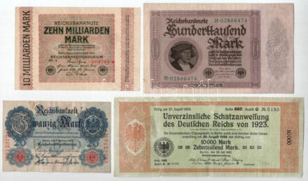 Német Birodalom / Weimari Köztársaság 1914. 20M + 1923. 100.000 Mark + 10.000.000.000M + 10.000M kamatmentes kincstári kölcsön T:F,VG közte szakadás, folt, kis anyaghiány German Empire / Weimar Republic 1914. 20 Mark + 1923. 100.000 Mark