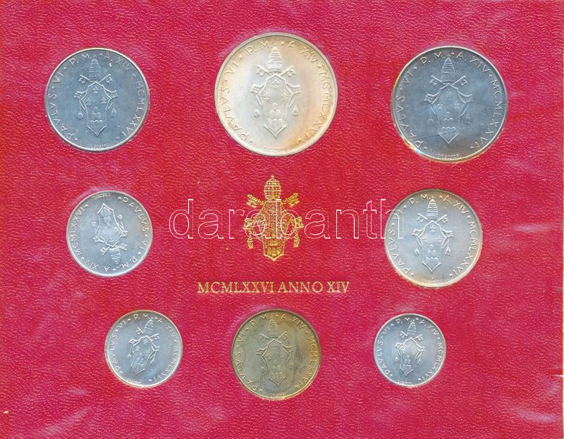 Vatikán 1976. 1L - 500L 'VI. Pál pápa' (8xklf) forgalmi szett díszkartonban T:UNC patina Vatican 1976. 1 Lire - 500 Lire 'Paul VI' (8xdiff) coin set C:UNC patina