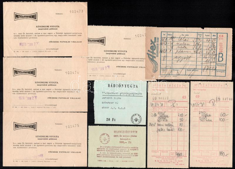 cca 1970-80 össz 9 db számla és nyugta: Átex, televízió-, rádió-, patyolatnyugta, részben kissé sérült