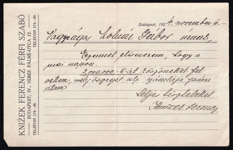 1924 Knizek Ferenc férfi szabó, Bp., Veres Pálné u. 12, 2 db fejléces elismervény