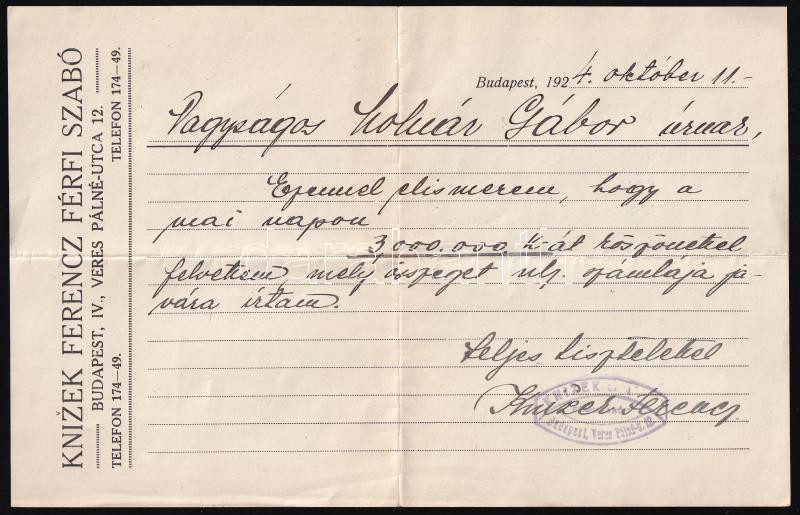 1924 Knizek Ferenc férfi szabó, Bp., Veres Pálné u. 12, 2 db fejléces elismervény - Image 2