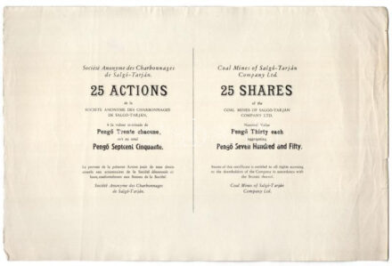 Salgótarján DN 'Salgó-Tarjáni Kőszénbánya Rt.' 25 részvénye 30P-ről darabonként angol és francia nyelven, kopott bélyegzéssel, szelvények nélkül T:VF Salgótarján ND 'Coal Mines of Salgó-Tarján Company Ltd.' 25 shares of 30