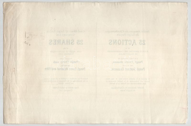 Salgótarján DN 'Salgó-Tarjáni Kőszénbánya Rt.' 25 részvénye 30P-ről darabonként angol és francia nyelven, kopott bélyegzéssel, szelvények nélkül T:VF Salgótarján ND 'Coal Mines of Salgó-Tarján Company Ltd.' 25 shares of 30 - Image 2