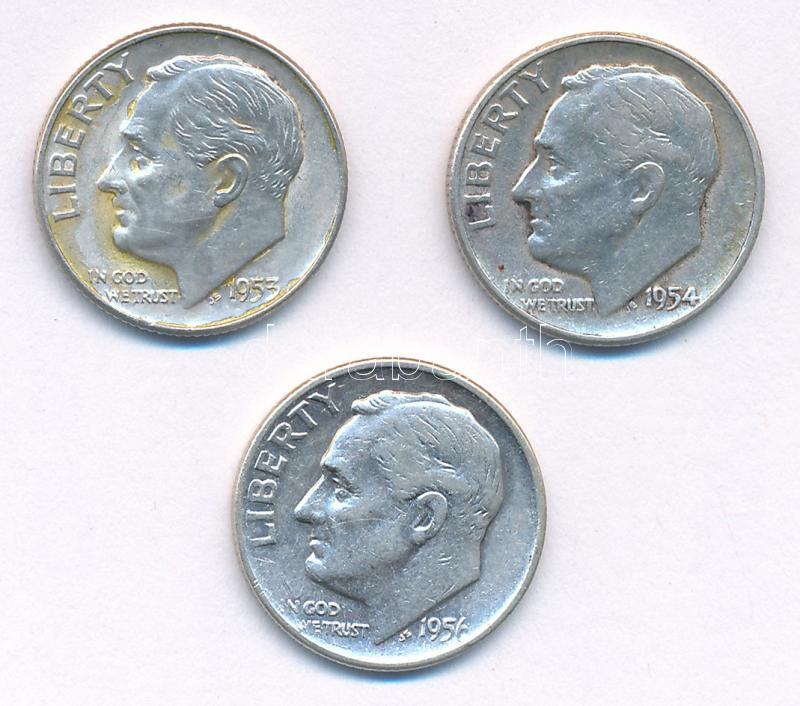 Amerikai Egyesült Államok 1953-1956. 10c Ag 'Roosevelt' (3xklf) T:AU-VF patina USA 1953-1956. 10 Cents Ag 'Roosevelt' (3xdiff) C:AU-VF patina Krause KM#195