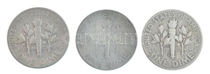 Amerikai Egyesült Államok 1947. 10c Ag 'Roosevelt' (3xklf) különböző verdejelek T:XF-VF patina, az egyiken karc USA 1947. 10 Cents Ag 'Roosevelt' (3xdiff) with different mintmarks C:XF-VF patina, scratch on one Krause KM#195