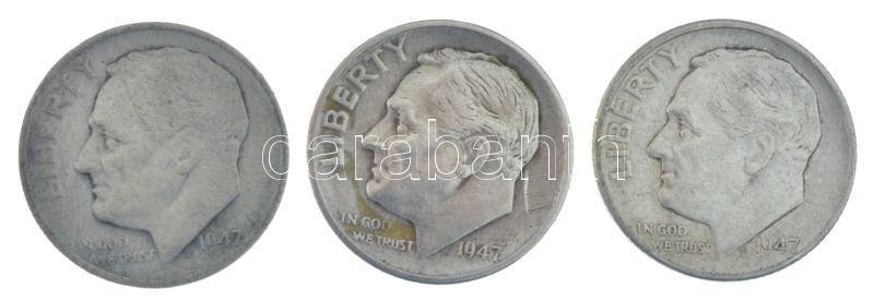 Amerikai Egyesült Államok 1947. 10c Ag 'Roosevelt' (3xklf) különböző verdejelek T:XF-VF patina, az egyiken karc USA 1947. 10 Cents Ag 'Roosevelt' (3xdiff) with different mintmarks C:XF-VF patina, scratch on one Krause KM#195 - Image 2