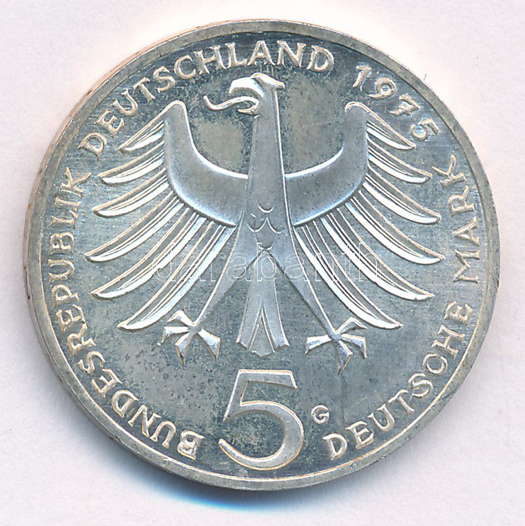 NSZK 1975G 5M Ag 'Albert Schweitzer' T:AU patina, kis karc FRG 1975G 5 Mark 'Albert Schweitzer' C:AU patina, small scratch Krause KM#143 - Image 2