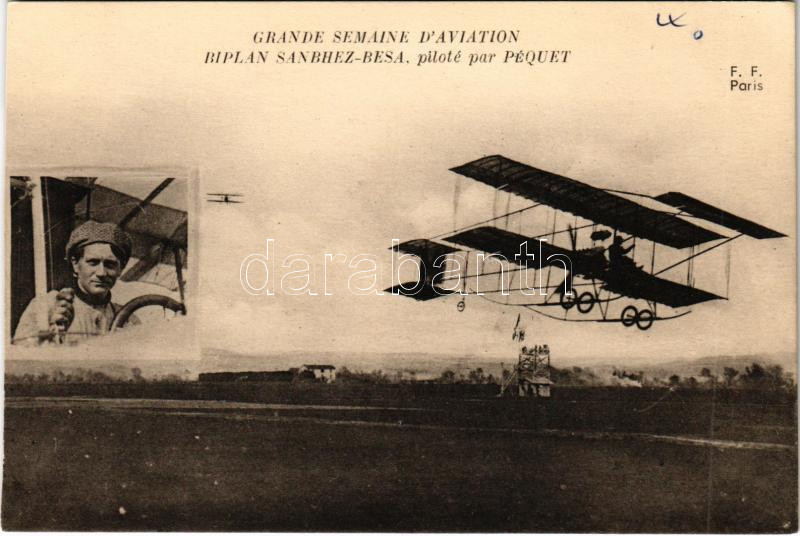 Grande Semaine d'Aviation Biplan Sanchez-Besa, piloté par Péquet / The first biplane designed by Sánchez Besa in flight with pilot Henri Péquet (gluemark)
