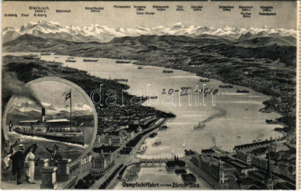 Dampfschiffahrt auf dem Zürichsee. Stündlich Rundfahrten vide Fahrpläne, SS Helvetia / Gőzhajózás a Zürichi tavon. Az óránkénti oda-vissza utak menetrend szerint járnak, térkép, gőzhajó / Steamboat trip on Lake Zurich. Hourly round