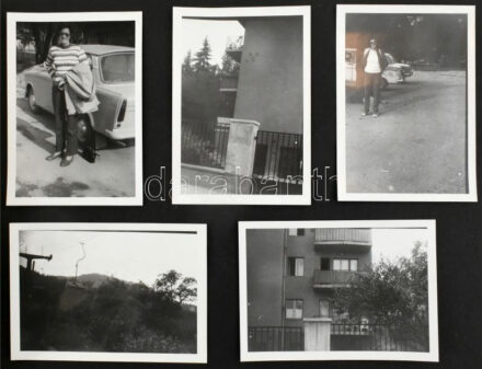 cca 1950-1970 Családi fotóalbum, vegyes képekkel (külföldi utazások, kirándulások, stb.), kb. 100 db beragasztott fotó, vegyes méretben, harántalakú, zsinórfűzéses albumban, 32x23 cm