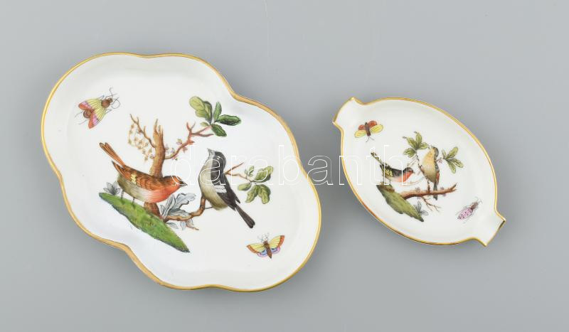 2 db Herendi Rotschild mintás, tálka. Kézzel festett, jelzett, nagyobbik javított 9 cm, 14 cm