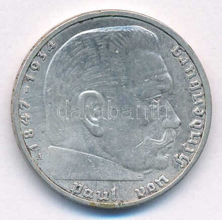 Német Harmadik Birodalom 1937A 2M Ag 'Hindenburg' T:XF,VF patina, kis ph German Third Reich 1937A 2 Mark Ag 'Hindenburg' C:XF,VF patina, small edge error Krause KM#93