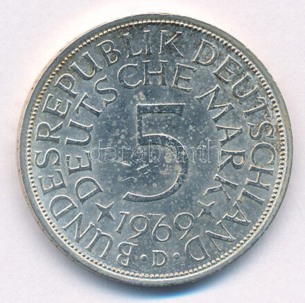 NSZK 1969D 5M Ag T:AU,XF patina, kis ph FRG 1969D 5 Mark Ag C:AU,XF patina, small edge error Krause KM# 112.1