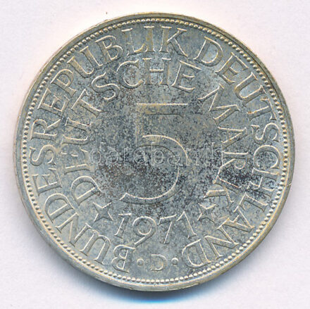 NSZK 1971D 5M Ag T:AU,XF patina, kis ph FRG 1971D 5 Mark Ag C:AU,XF patina, small edge error Krause KM# 112.1