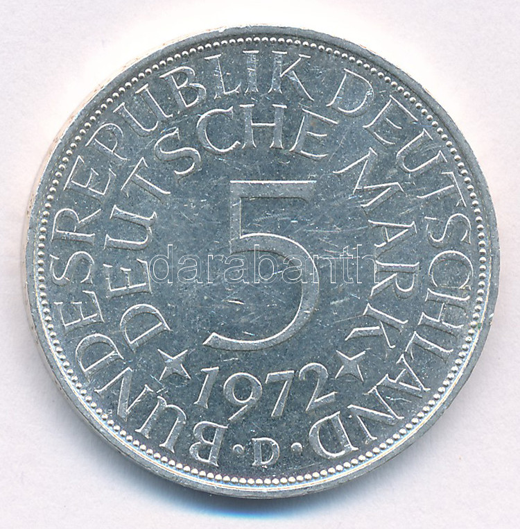 NSZK 1972D 5M Ag T:XF karc FRG 1972D 5 Mark Ag C:XF scratch Krause KM# 112.1