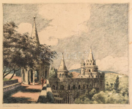 Bajor Ágost (1892-1958): Halászbástya. Színezett rézkarc, papír, jelzett, foltos, lap széle vágott, 24×29,5 cm