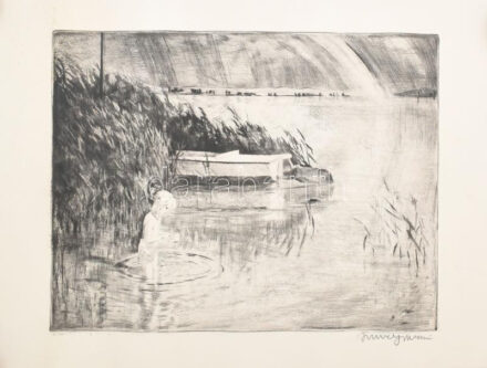 Imre István (1918-1983): Kislány a Balatonban, rézkarc, papír, jelzett, feltekerve, törésnyomokkal, 30x38,5 cm