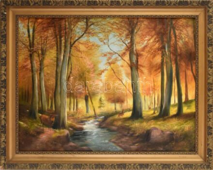 Jelzés nélkül: Szarvasbőgés. Olaj, vászon. Dekoratív, kissé sérült fakeretben. 57x77 cm