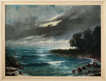 Olvashatatlan jelzéssel: Viharos Balaton. Olaj, vászon, sérült. Dekoratív fakeretben. 60x80 cm