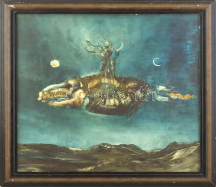 Győrfi András (1964-): Szürreális táj, 1992. Olaj, műanyag lemez, jelezve jobbra lent. Dekoratív, kissé sérült fakeretben, 50×50 cm