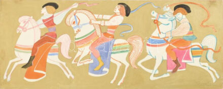 Róna Emy (1904-1988): Variációk Ezeregy-éjszaka témára II., 1974. Vegyes technika, papír, jelezve jobbra lent, hátoldalán autográf felirattal, paszpartuban, paszpartu laza, 20×50 cm. / mixed technique on on paper, signed, in passepartout