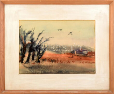 Mártonka Miklós (?-): Őszi táj, 1962. Akvarell, papír, jelezve jobbra lent. üvegezett fakeretben. 27,5x39 cm