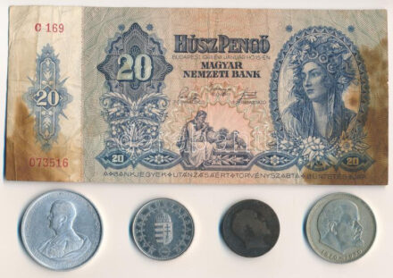 1941. 20P + 1943. 5P Al 'Horthy Miklós születésének 75. évfordulójára' + 2004. 50Ft 'Európai Unió' + Nagy-Britannia 1903. 1/2p bronz + Szovjetunió 1970. 1R Cu-Ni 'Lenin születésének 100. évfordulójára' T:XF-VG