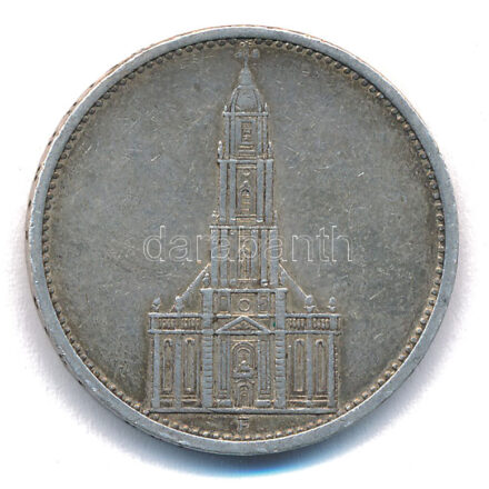 Német Harmadik Birodalom 1934F 5M Ag 'Garnisonkirche' T:VF kis ph. German Third Reich 1934F 5 Reichsmark Ag 'Garnisonkirche' C:VF small edge error Krause KM#83