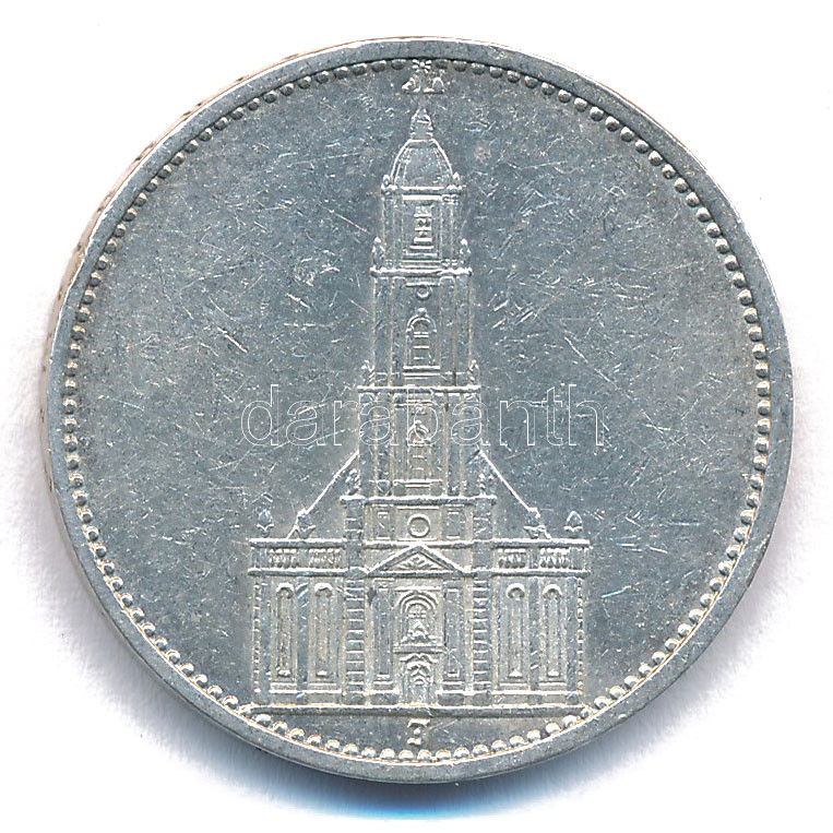 Német Harmadik Birodalom 1935J 5M Ag 'Garnisonkirche' T:VF kis ph. German Third Reich 1935J 5 Reichsmark Ag 'Garnisonkirche' C:VF small edge error Krause KM#83