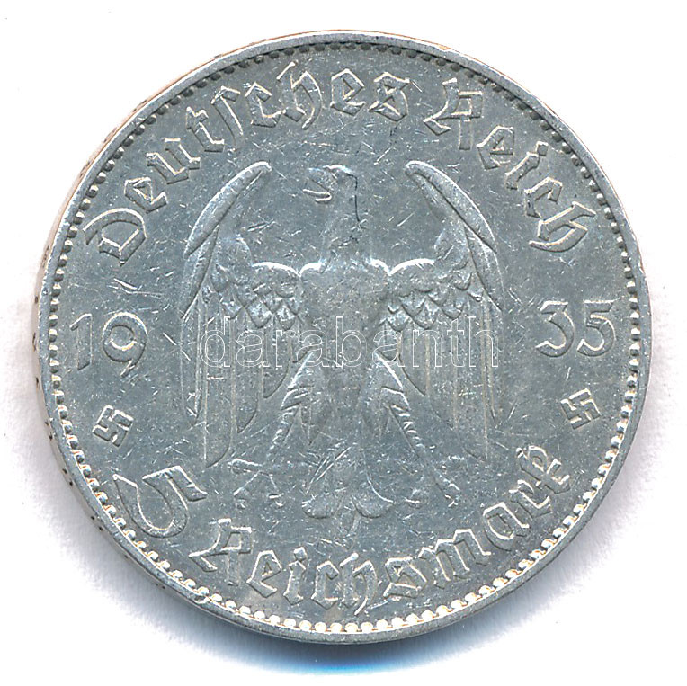 Német Harmadik Birodalom 1935J 5M Ag 'Garnisonkirche' T:VF kis ph. German Third Reich 1935J 5 Reichsmark Ag 'Garnisonkirche' C:VF small edge error Krause KM#83 - Image 2